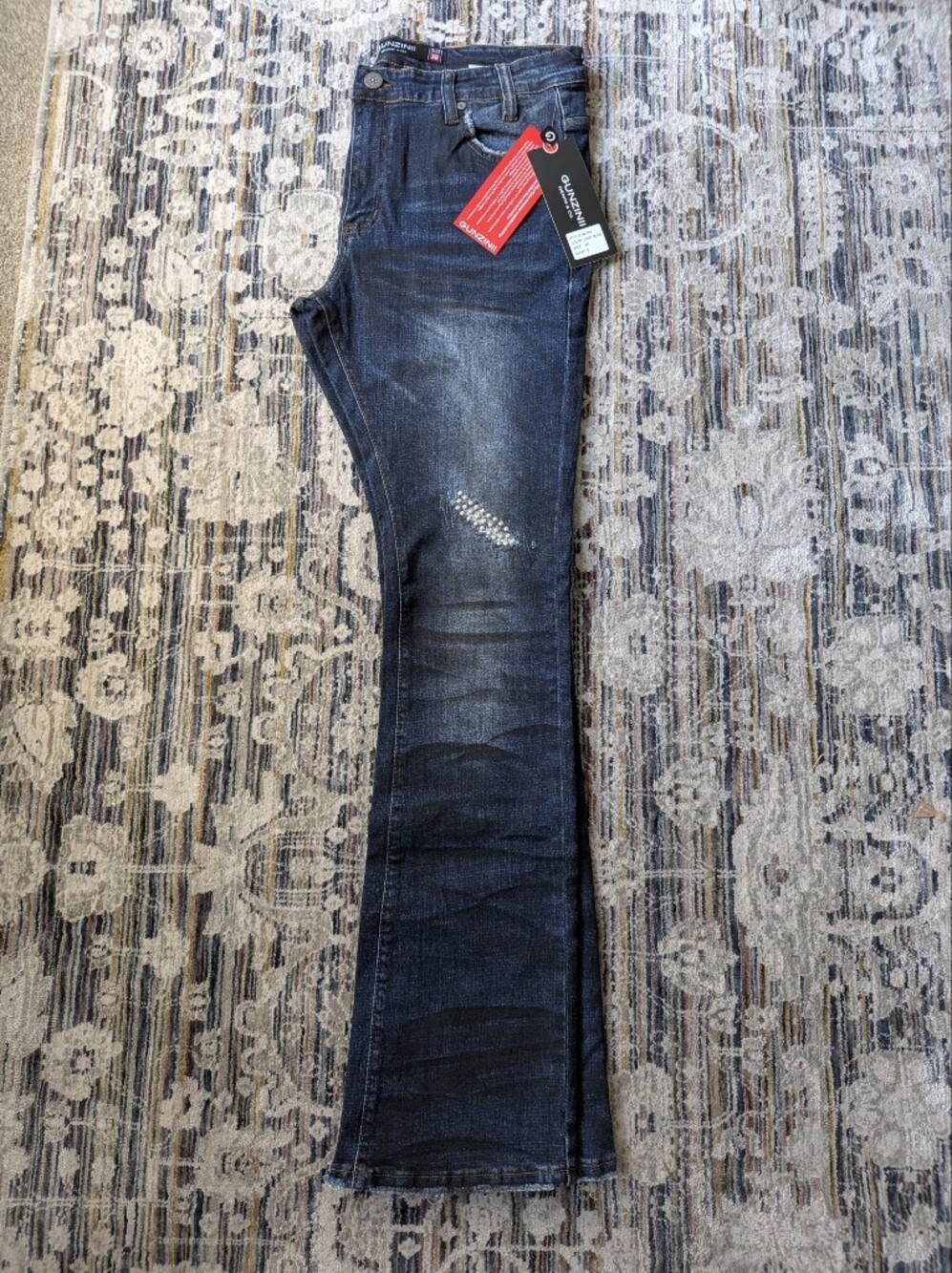 Gunzinii Denim Co Dirty Blue Rhinestone Flare Jeans NWT Size 36